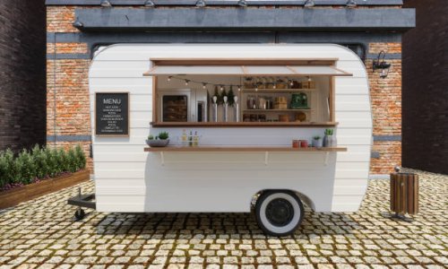 Food Truck Van With Open Window And Takeaway Food And Drinks