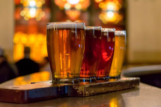 Beer flight on the bar counter ready to be served