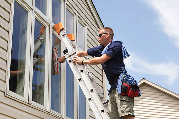 Young business owner washes windows. Window washing professional. Residential window is cleaned from a ladder with wetting wands, squeegee and cloths. Beautiful sunny day. Reflections show in the windows.