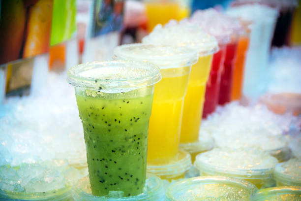 Freshly made fruit smoothies on ice at the street market in Venice